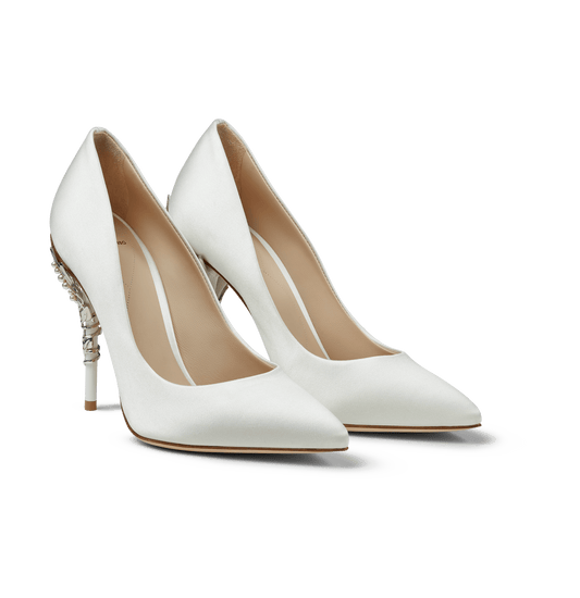 White Satin Eden Heels with Pearl and Silver Leaves