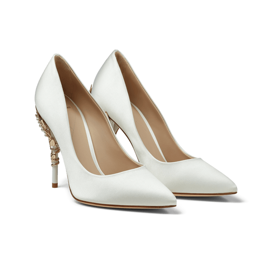 White Satin Eden Heels with Pearls and Gold Leaves