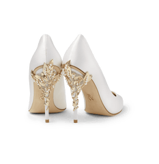 White Satin Eden Heels with Pearls and Gold Leaves