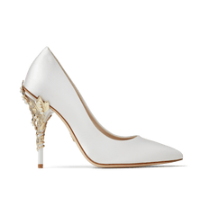 White Satin Eden Heels with Pearls and Gold Leaves