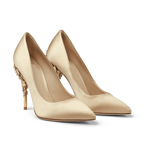 Gold Satin Eden Heels with Pearl and Gold Leaves