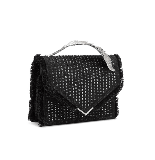 Black Embellished Denim and Alligator Alina Clutch