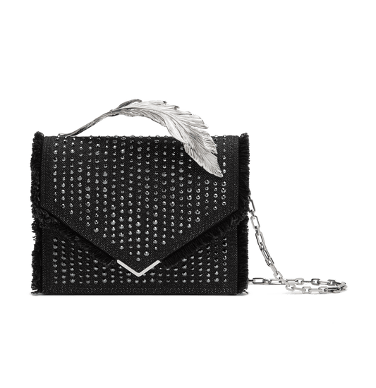 Black Embellished Denim and Alligator Alina Clutch