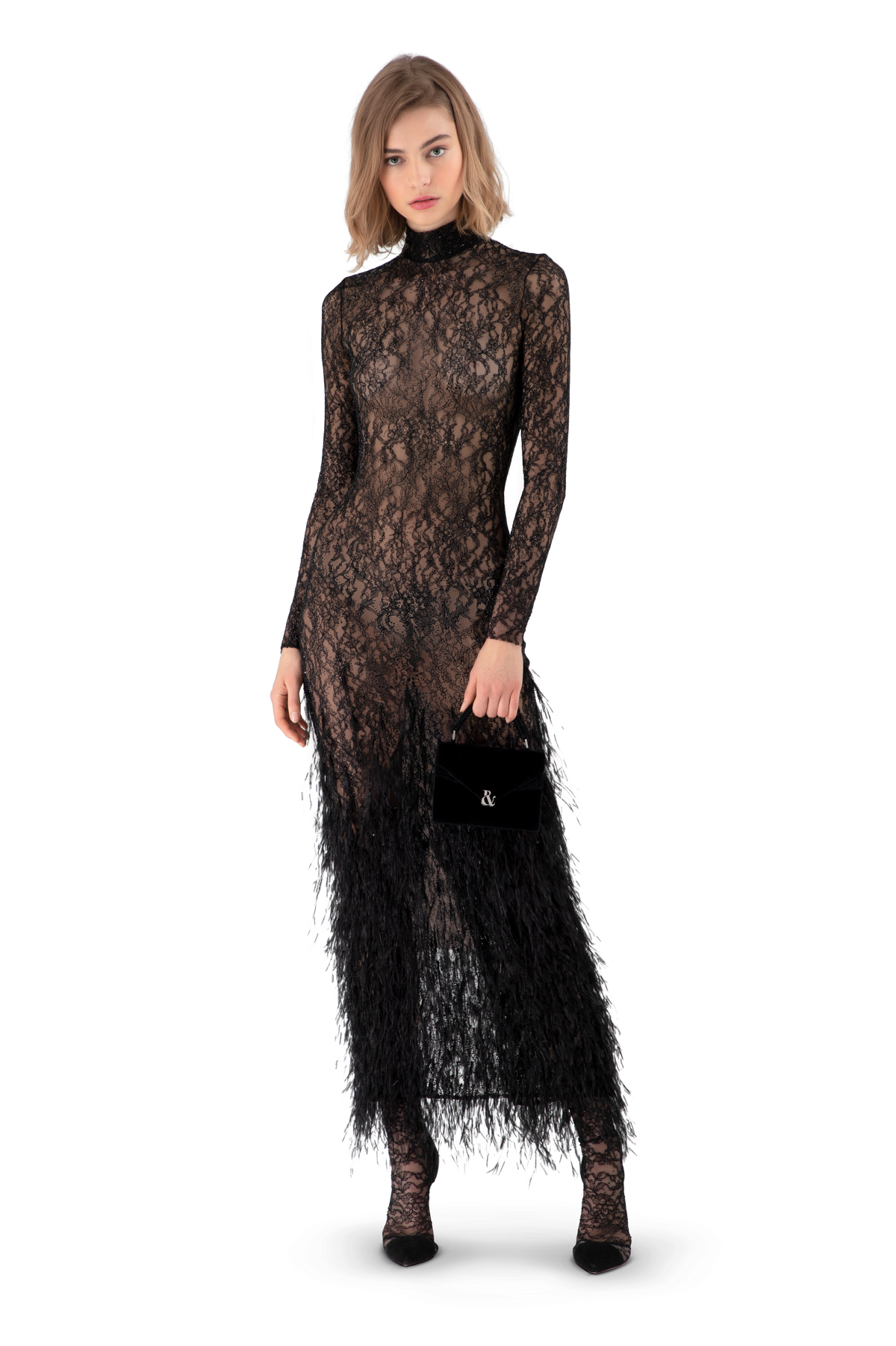 Black Lace Feather Embroidered Fitted Midi Dress