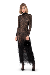 Black Lace Feather Embroidered Fitted Midi Dress