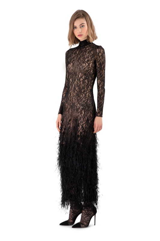 Black Lace Feather Embroidered Fitted Midi Dress