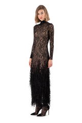 Black Lace Feather Embroidered Fitted Midi Dress