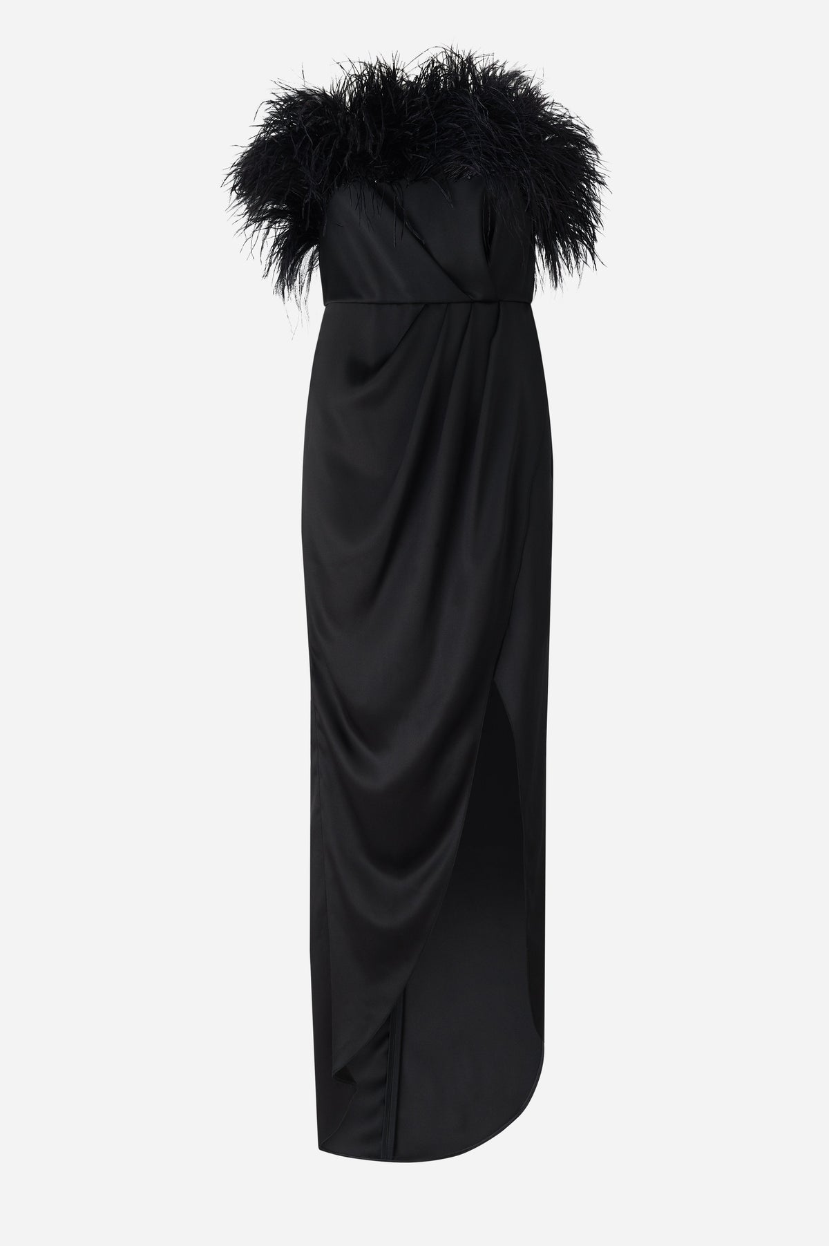 Black Double Silk Satin Feather Draped Dress