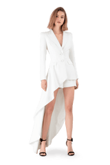 White Satin Crepe Blazer with Asymmetric Tail