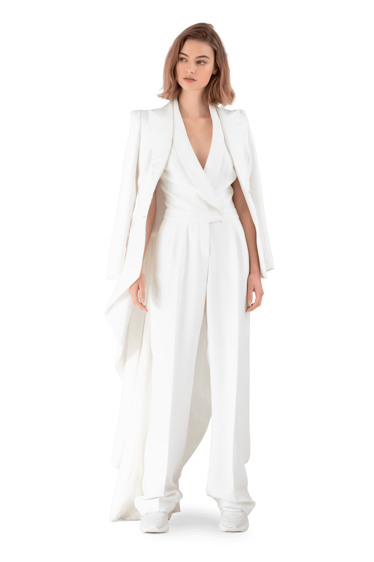 White Satin Crepe Tuxedo Jumpsuit