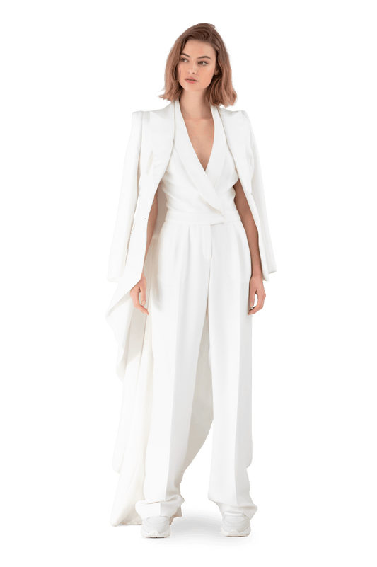 White Satin Crepe Tuxedo Jumpsuit