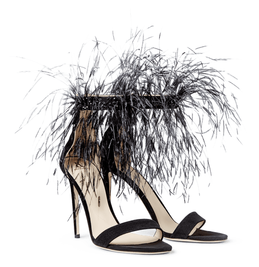 Black Suede Strap Sandals with Feathers