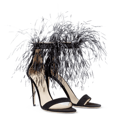 Black Suede Strap Sandals with Feathers