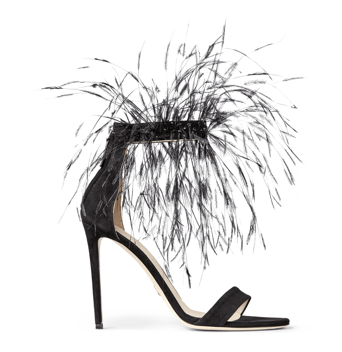 Black Suede Strap Sandals with Feathers