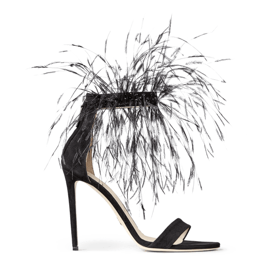 Black Suede Strap Sandals with Feathers