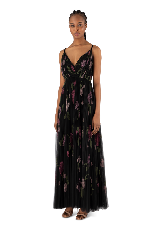 Black Floral Embroidered Tulle V-Neck Dress