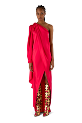 Geranium Silk Draped One Shoulder Dress