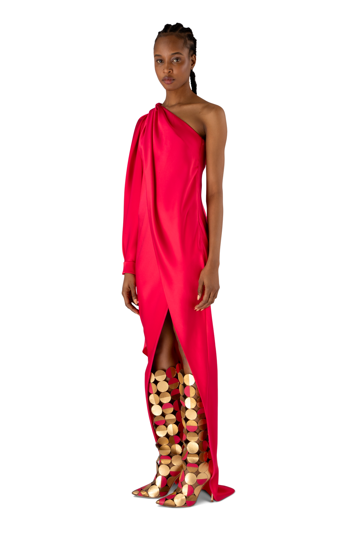 Geranium Silk Draped One Shoulder Dress