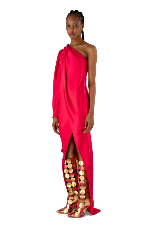 Geranium Silk Draped One Shoulder Dress