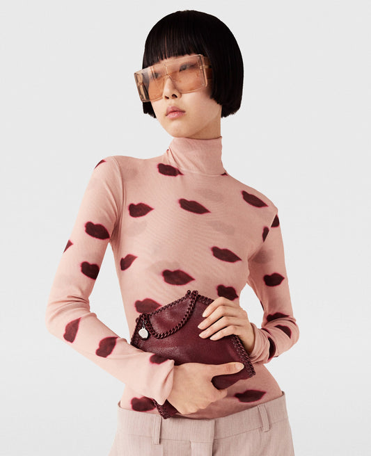 Long-Sleeve Lips Print Turtleneck Top