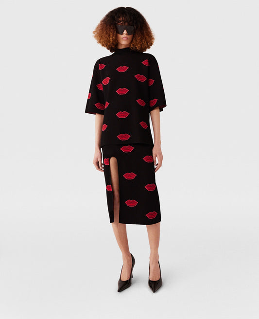 Lips Graphic Knit Mid-Rise Midi Skirt