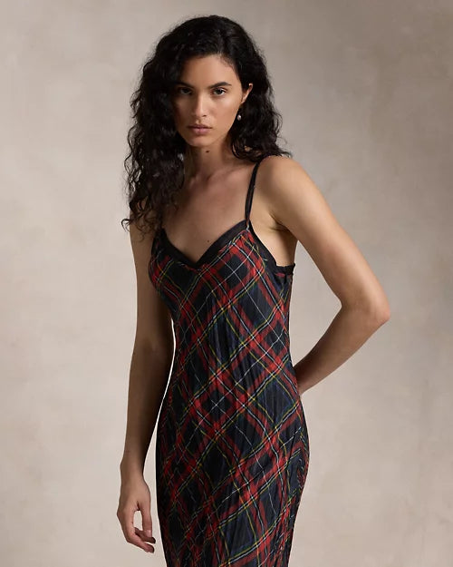 Plaid Crinkled Slip Dress