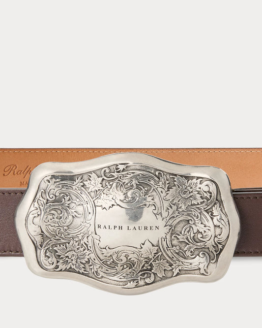 Tooled-Buckle Calfskin Belt