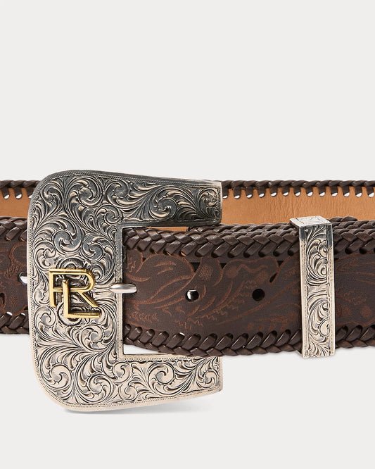 Tooled-Buckle Calf-Suede & Calfskin Belt