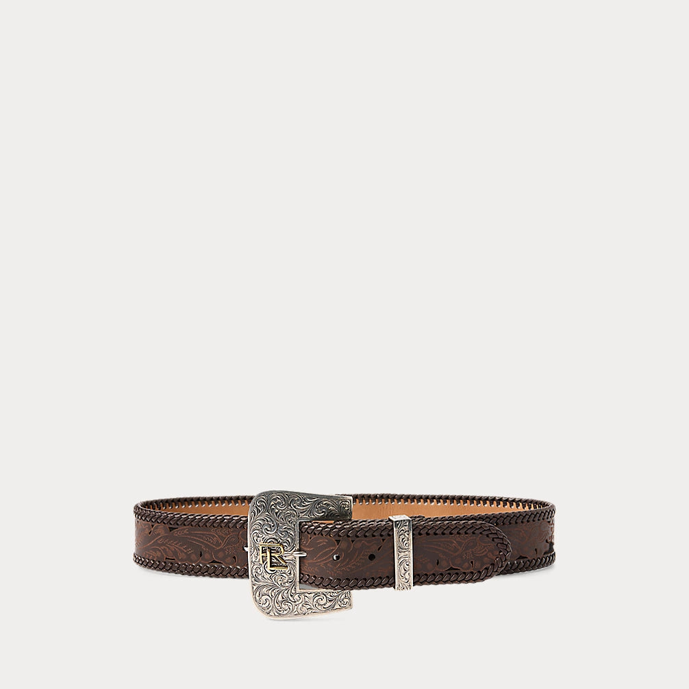 Tooled-Buckle Calf-Suede & Calfskin Belt